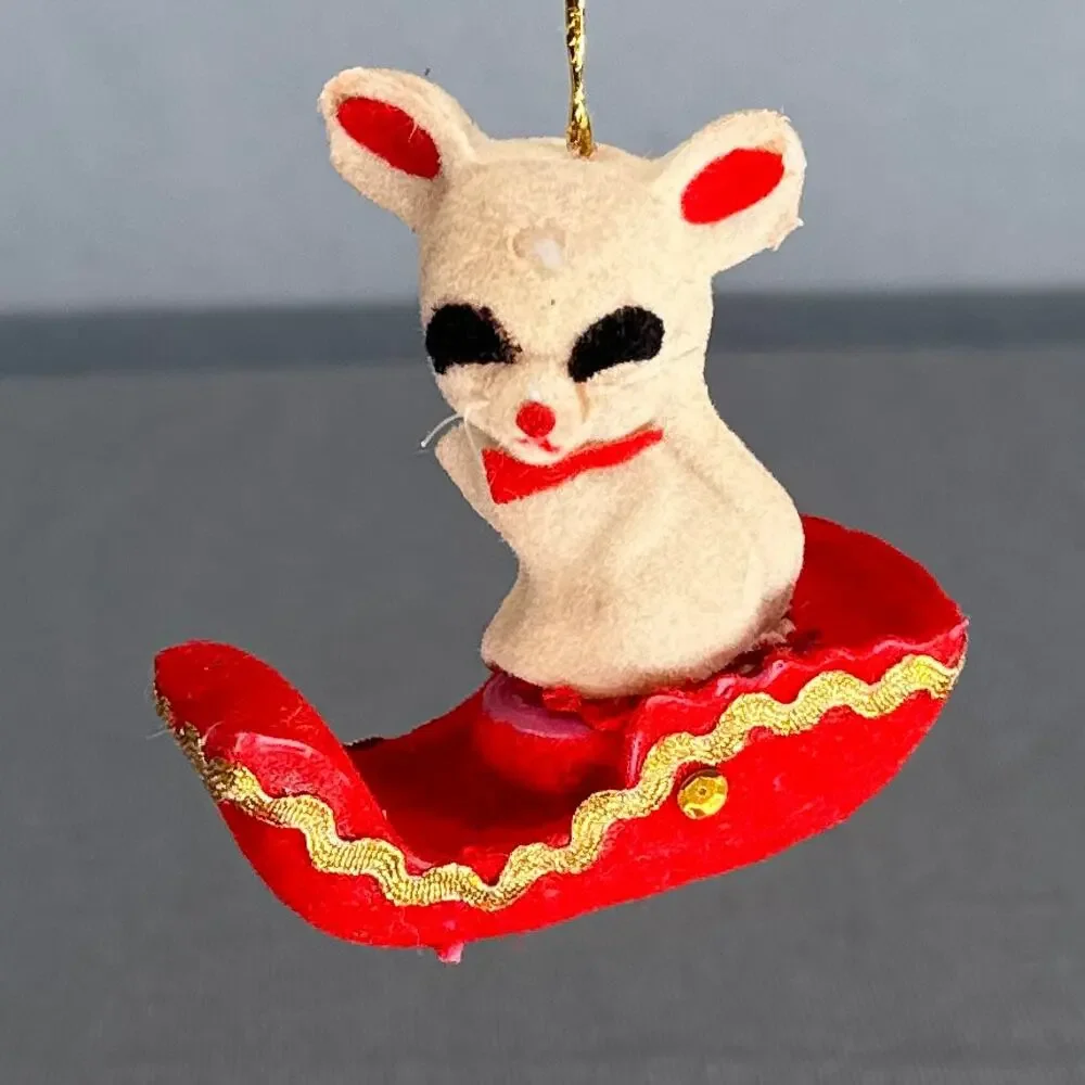 10 VTG 1950s Flocked Felt Christmas Ornaments Mice Cat Snowmen Santa MCM Kitschy